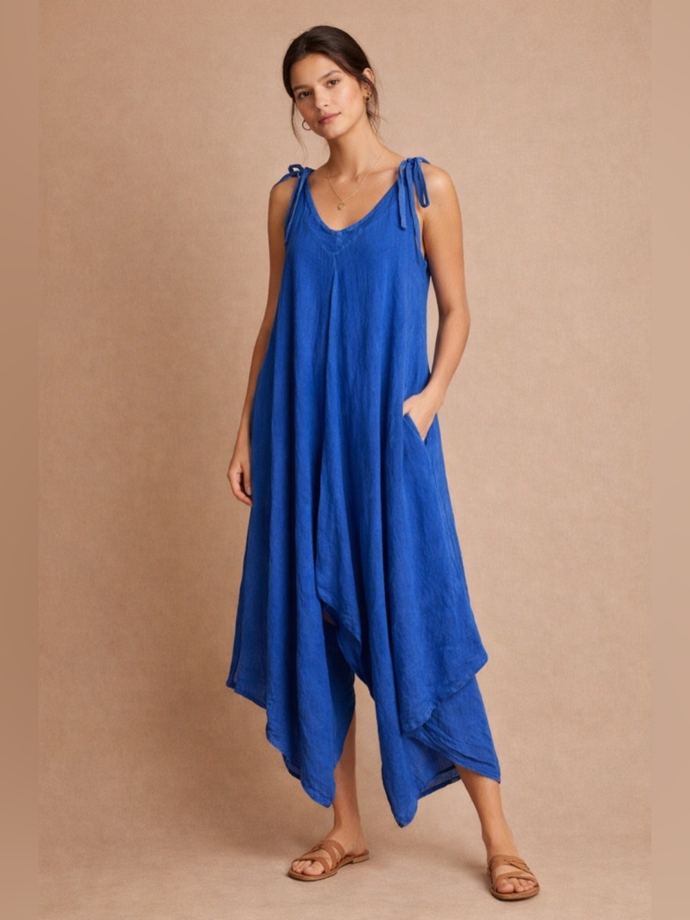 Puro Lino Jumpsuit Cobalt Blue Wide Leg Tie Strap Lagenlook Resort Boho Small